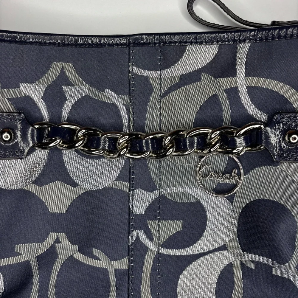 Coach Shoulder Bag Purse Moto Optic Metallic Chain Navy Blue Signature Jaquard